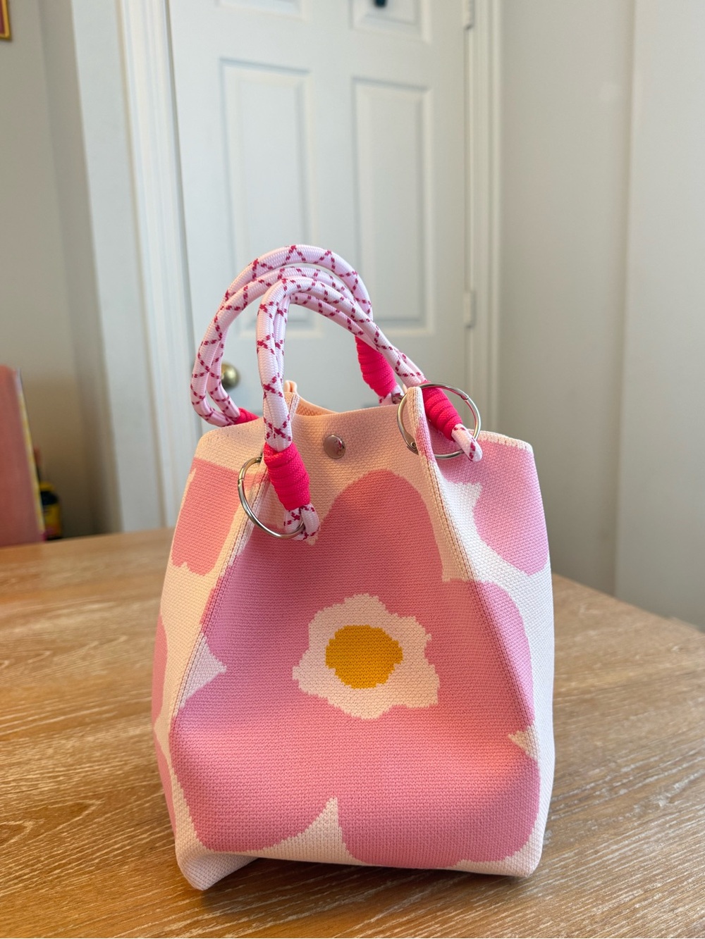Women’s Mini Bucket Bag Pink Floral Knit Tote – Lightweight & Unique - NEW!!